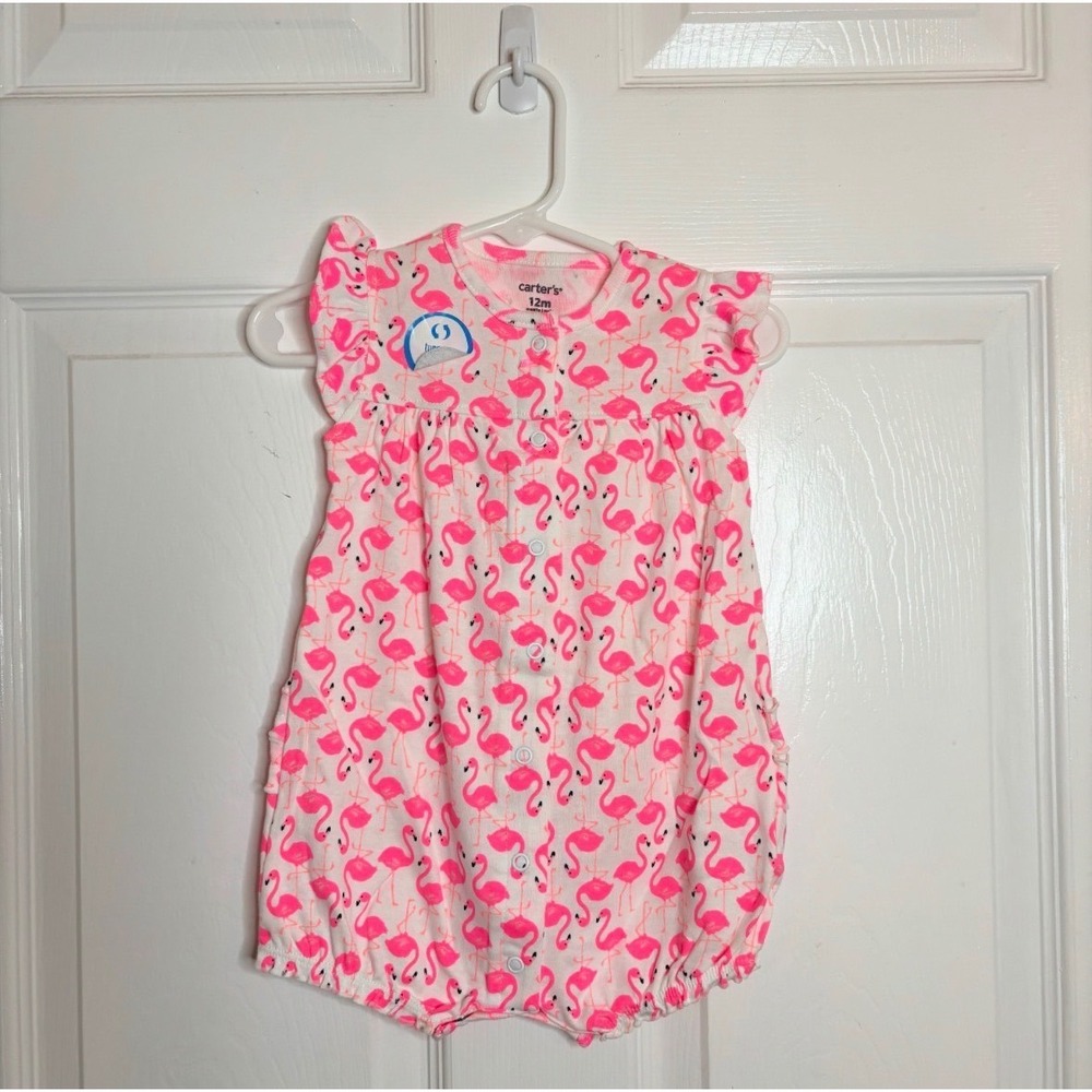 Carters Baby Girl Flamingo Print Bubble Romper Pink White Flutter Sleeve 12M NEW